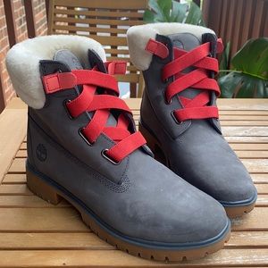 Grey boots! Bright red lace tie up! Fuzzy white fur